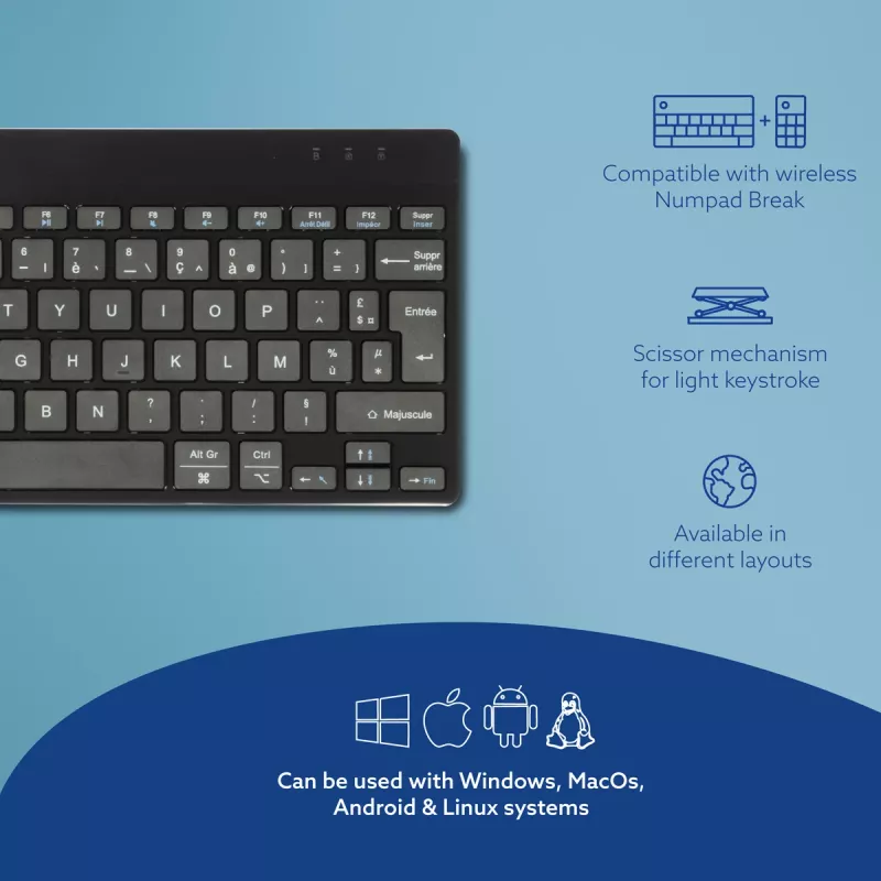 R-Go Tools Ergonomiskā tastatūra R-Go Compact Break, kompakta tastatūra ar pārtraukuma programmatūru, AZERTY (FR), Bluetooth, melna