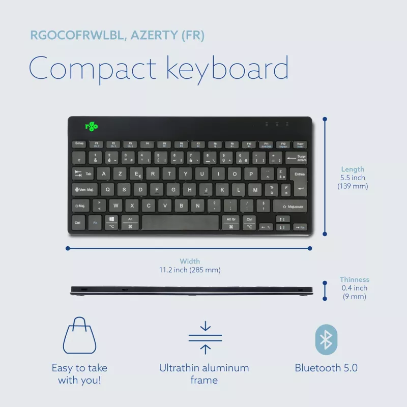 R-Go Tools Ergonomiskā tastatūra R-Go Compact Break, kompakta tastatūra ar pārtraukuma programmatūru, AZERTY (FR), Bluetooth, melna
