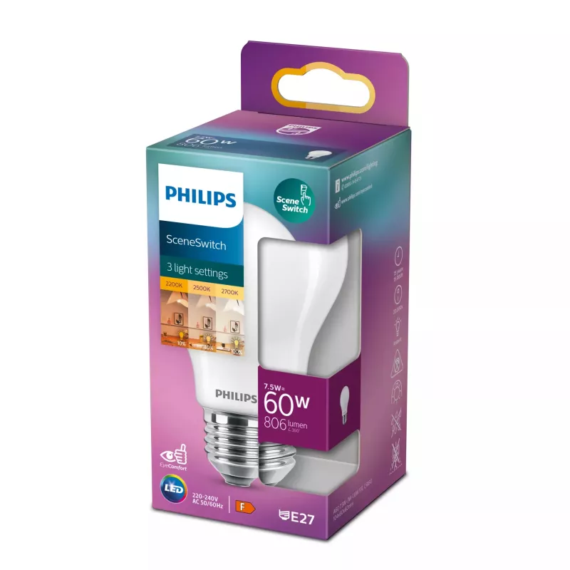 Philips Bulb 60;30; 16 W A60 E27 7.5 W Silta Balta 806 lm