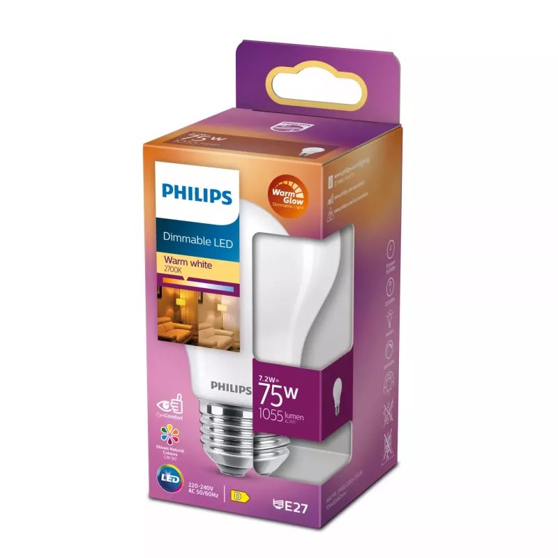 Philips Filament Bulb Frosted 75W A60 E27, 7,2 W, 75 W, E27, 1055 lm, 15000 h, Warm glow