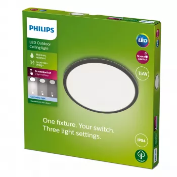 Griestu lampa Philips Superslim 15W LED, 4000K, IP54, 250×250 mm, Melna/Balta
