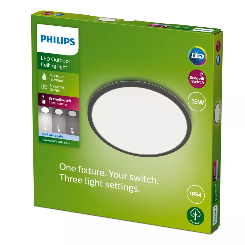 Griestu lampa Philips Superslim 15W LED, 4000K, IP54, 250×250 mm, Melna/Balta