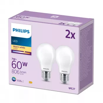 Philips Filament Spuldze Matēta 60W A60 E27 x2, 7 W, 60 W, E27, 806 lm, 15000 h, Silta balta