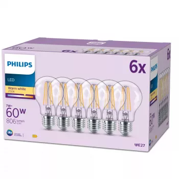 Philips Filament Spuldze Matēta 60W A60 E27 x6, 7 W, 60 W, E27, 806 lm, 15000 h, Silta balta