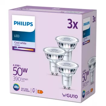 Philips LED prožektors 4.6W (50W ekv.) GU10, 390 lm, 4000K, x3