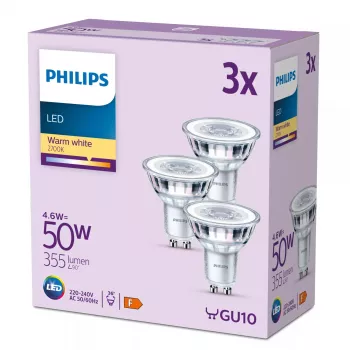 Philips Spot 50W PAR16 GU10 x3, 4.6 W, 50 W, GU10, 355 lm, 15000 h, Silts balts