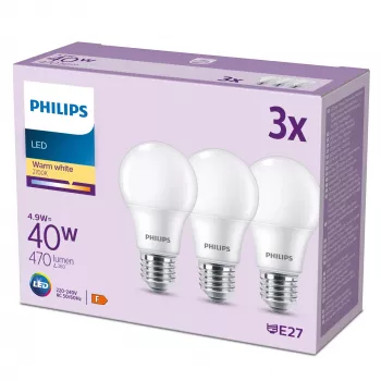 Philips LED spuldze 40W A60 E27 x3, 4.9 W, 40 W, E27, 470 lm, 15000 h, Silta balta