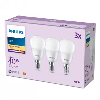 Philips Candle 40W P45 E14 x3, 4.9 W, 40 W, E14, 470 lm, 15000 h, Silts balts