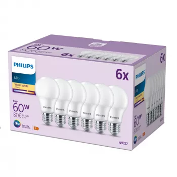 Philips spuldze 60W A60 E27 x6, 8 W, 60 W, E27, 806 lm, 15000 h, Silta balta