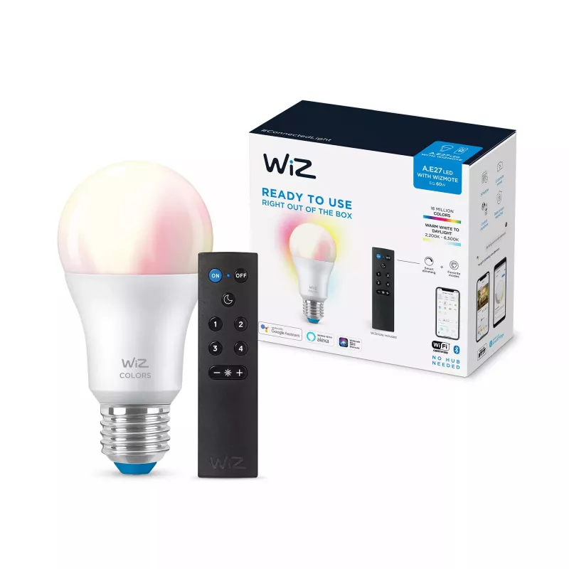 WiZ viedā spuldze 8W (ekv. 60W) A60 E27 x1 + tālvadības pults, Wi-Fi/Bluetooth, balta