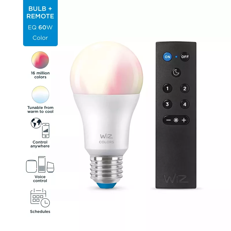 WiZ viedā spuldze 8W (ekv. 60W) A60 E27 x1 + tālvadības pults, Wi-Fi/Bluetooth, balta