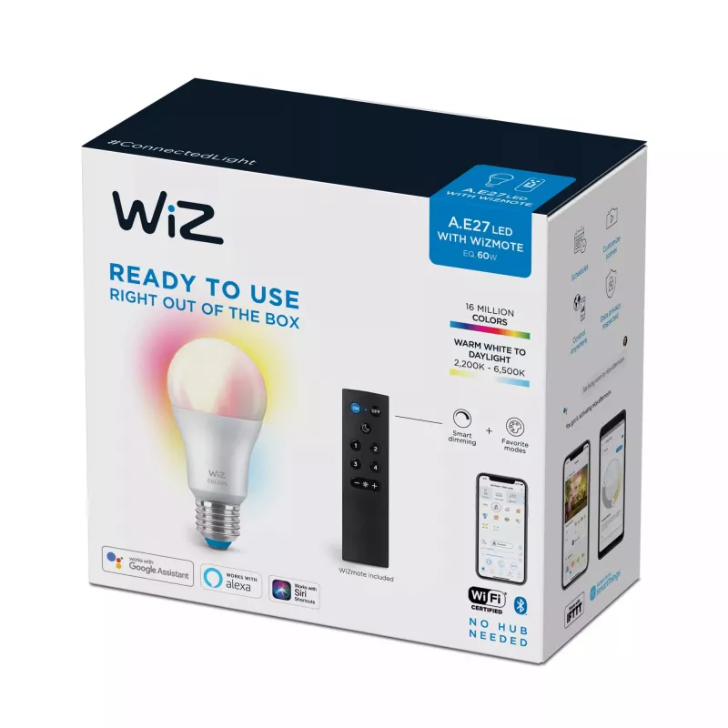 WiZ viedā spuldze 8W (ekv. 60W) A60 E27 x1 + tālvadības pults, Wi-Fi/Bluetooth, balta