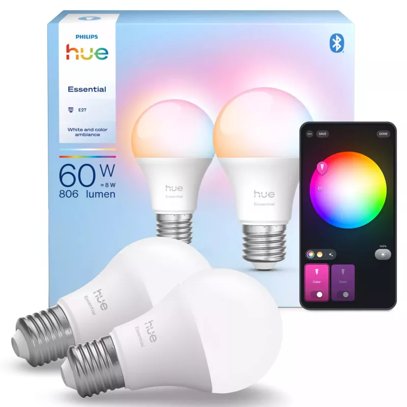 Philips Hue White and colour ambience Essential A60 – E27 viedā spuldze – 806 lm – 8W – 2 iepakojumā