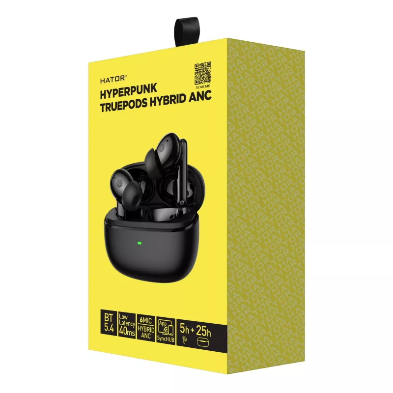 HATOR Hyperpunk Truepods Hybrid ANC TWS austiņas ar hibrīdo aktīvo trokšņu slāpēšanu, Bluetooth, melnas