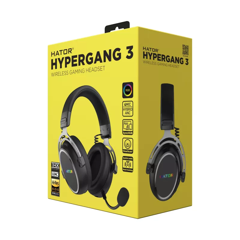 HATOR Hypergang 3 Wireless bezvadu austiņas, galvas saite, spēlēm, USB Type-C / USB Type-A, Bluetooth, melna