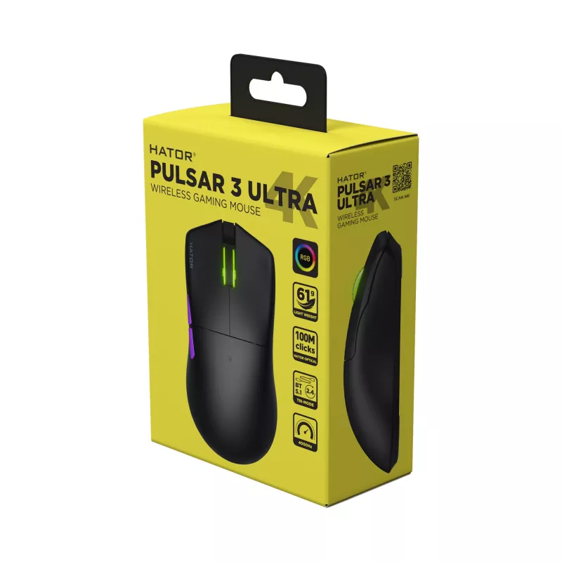 HATOR Pulsar 3 ULTRA 4K bezvadu pele Gaming Labročai RF Wireless + Bluetooth + USB Type-A Optiskā 30000 DPI