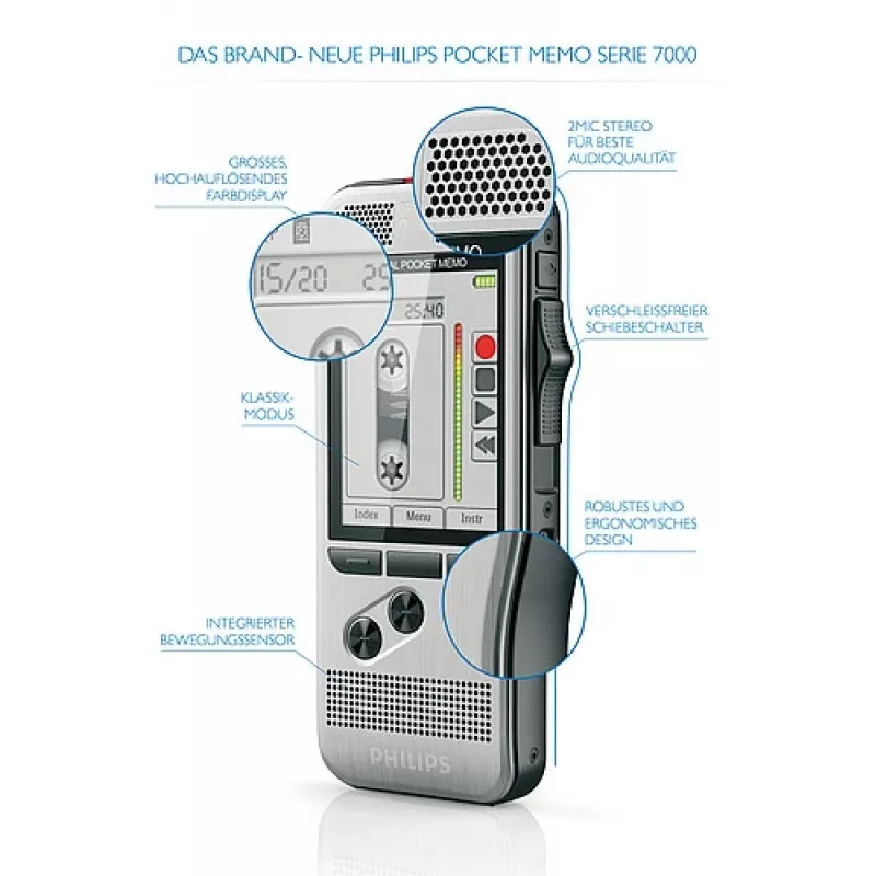 Philips DPM 7200 Diktofons ar zibatmiņas karti, nerūsējošais tērauds