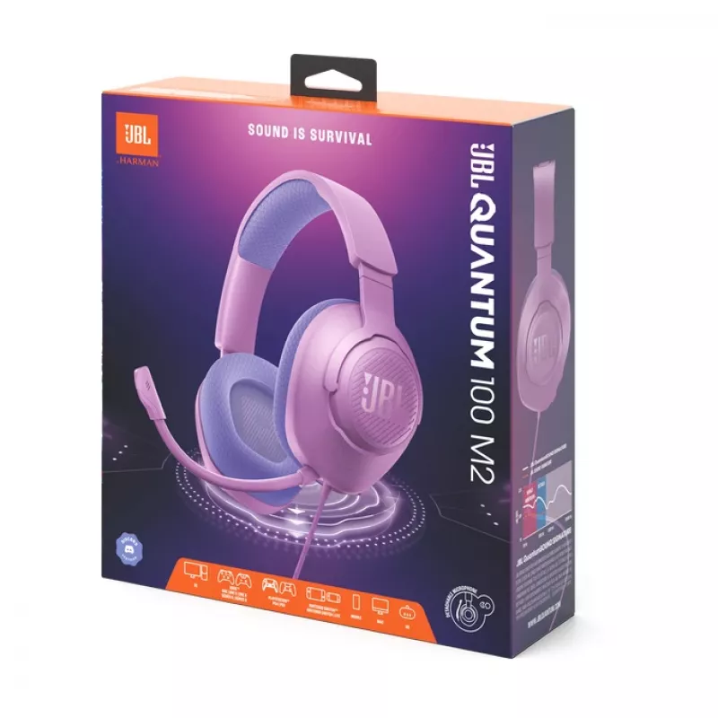 Vadu spēļu austiņas JBL Quantum 100M2 — pārklājošas, 20–20000 Hz, 1,2 m kabelis, violeta
