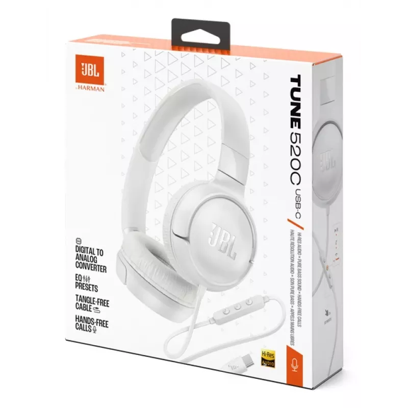 JBL Tune 520C USB-C austiņas, vadu, lentes tipa, zvaniem/mūzikai, USB Type-C, balts