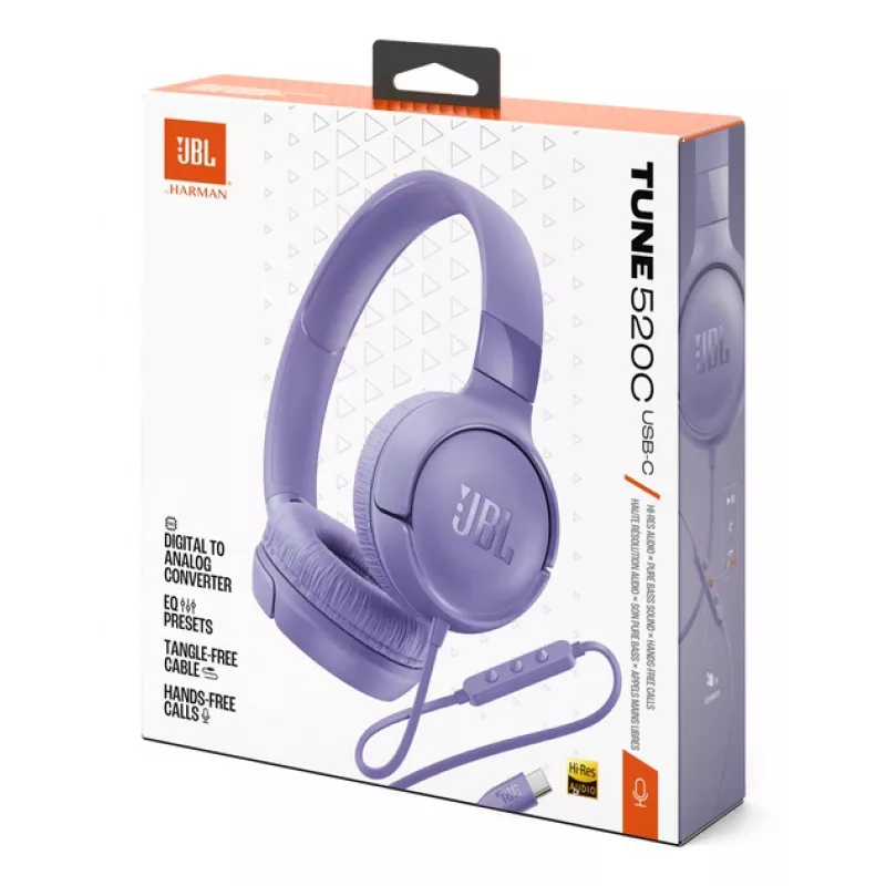 JBL Tune 520C USB-C austiņas, vadu, uz auss, Hi-Res audio, 32mm draiveri, ceriņu krāsa