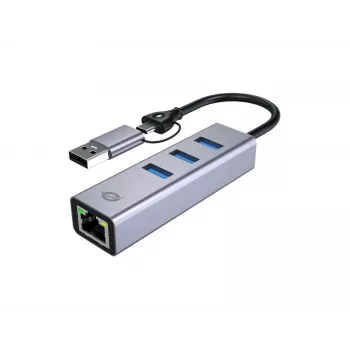 USB-C uz Gigabit tīkla adapteris ar 3 portu USB centrmezglu CONCEPTRONIC ABBY25G — USB 3.2 Gen 1, 1 Gbps Ethernet, 3x USB-A, alumīnijs, pelēks