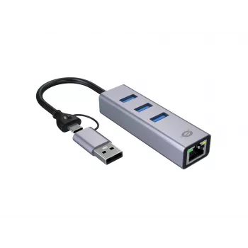 USB-C uz Gigabit tīkla adapteris ar 3 portu USB centrmezglu CONCEPTRONIC ABBY25G — USB 3.2 Gen 1, 1 Gbps Ethernet, 3x USB-A, alumīnijs, pelēks