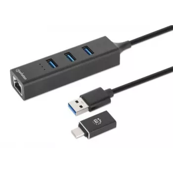 Manhattan USB-C & USB-A kombinētais doks/hubs, porti (4): Ethernet un USB-A (x3), 5 Gbps (USB 3.2 Gen1 jeb USB 3.0), USB barots (nav nepieciešams ārējais barošanas avots)