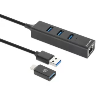 Manhattan USB-C & USB-A kombinētais doks/hubs, porti (4): Ethernet un USB-A (x3), 5 Gbps (USB 3.2 Gen1 jeb USB 3.0), USB barots (nav nepieciešams ārējais barošanas avots)