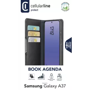Cellularline Book Agenda 2 Galaxy A37 grāmatveida maciņš no mākslīgās ādas ar magnētisko aizdari, statīva funkciju un RFID/NFC aizsardzību