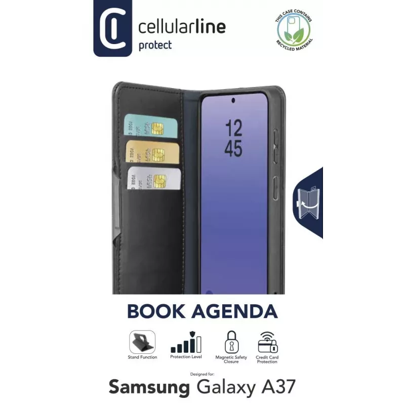 Cellularline Book Agenda 2 Galaxy A37 grāmatveida maciņš no mākslīgās ādas ar magnētisko aizdari, statīva funkciju un RFID/NFC aizsardzību