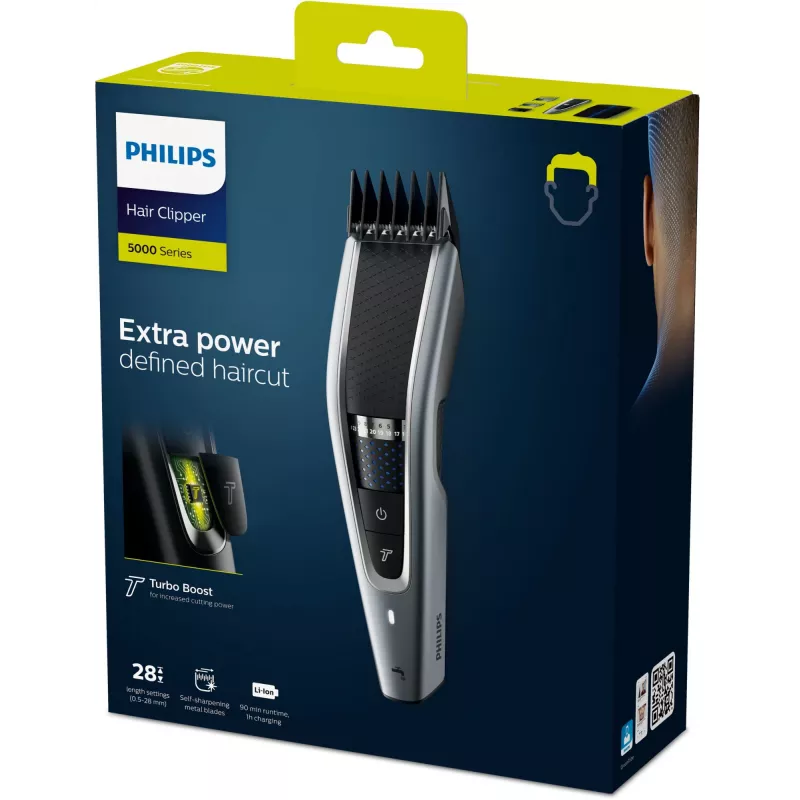 Matu griezējs Philips 5000 sērija HC5630/15 — bezvadu, 28 garuma pakāpieni (0,5 mm–28 mm), 90 min darbības laiks, nerūsējošā tērauda asmeņi