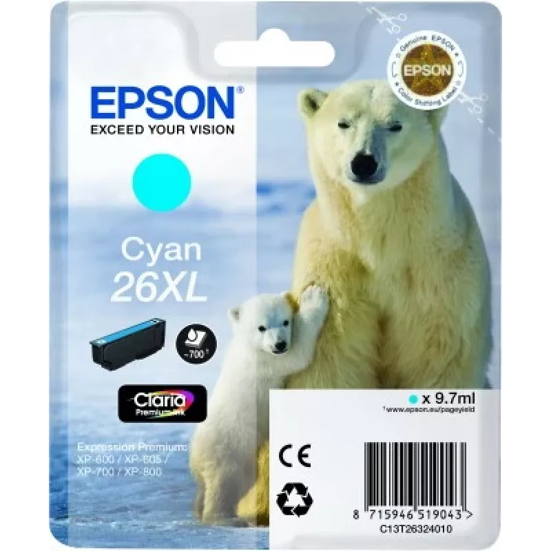 Epson Polar bear Singlepack Cyan 26XL Claria Premium Ink