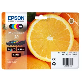 Epson Oranges Multipack 5 krāsas 33 Claria Premium Tinte, Standarta ietilpība, Melna, Fotogrāfiju melna, Ciāna, Fuksīna, Dzeltena, Pigmentu tinte, Krāsu tinte, 6.4 ml, 4.5 ml