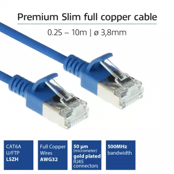 ACT Blue 1.5 m LSZH U/FTP CAT6A datacentra tievais patch kabelis, bezāķu RJ45 savienotāji