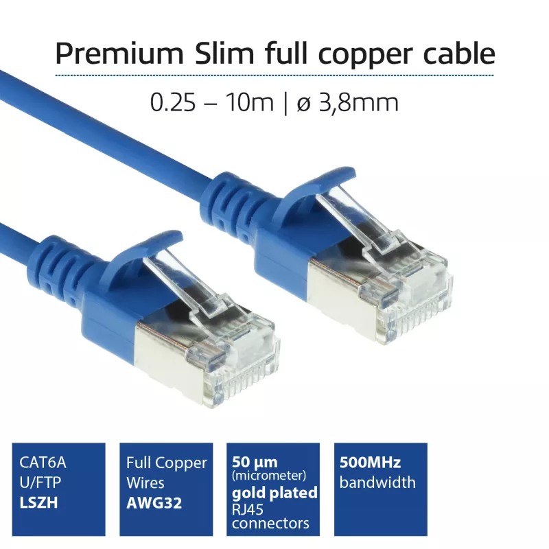 ACT Blue 1.5 m LSZH U/FTP CAT6A datacentra tievais patch kabelis, bezāķu RJ45 savienotāji