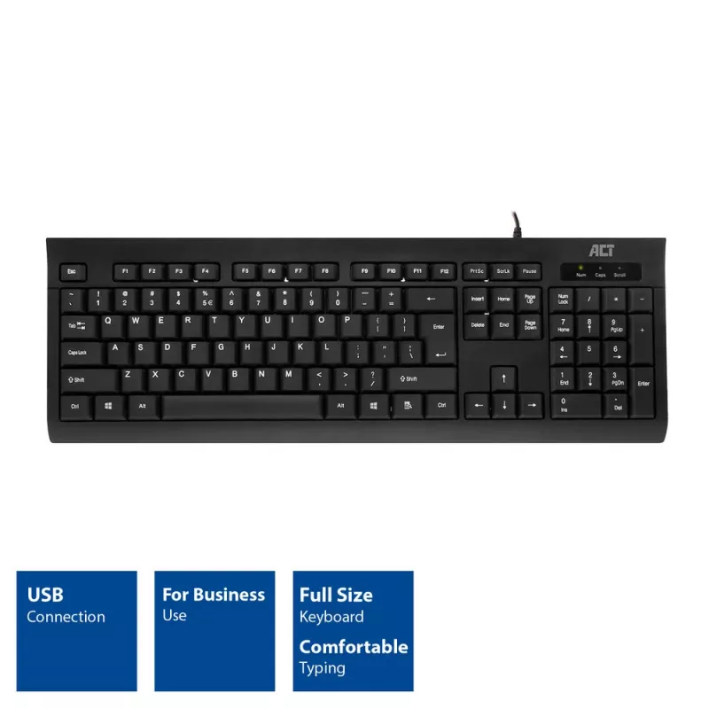 ACT Business klaviatūra USB (Qwerty/US izkārtojums), pilna izmēra (100%), vadu, USB, membrāna, QWERTY, melna