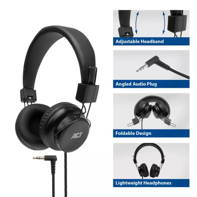 ACT salokāmas stereo austiņas ar 3,5 mm audio ligzdu