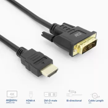 ACT AK3735 HDMI–DVI-D adaptera kabelis 2 m melns