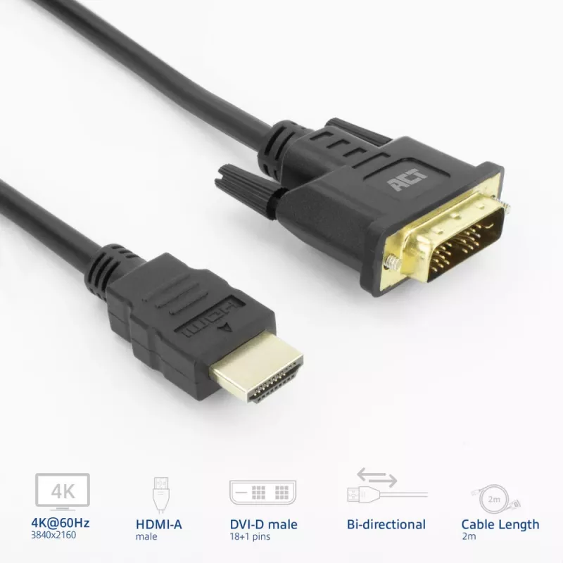 ACT AK3735 HDMI–DVI-D adaptera kabelis 2 m melns