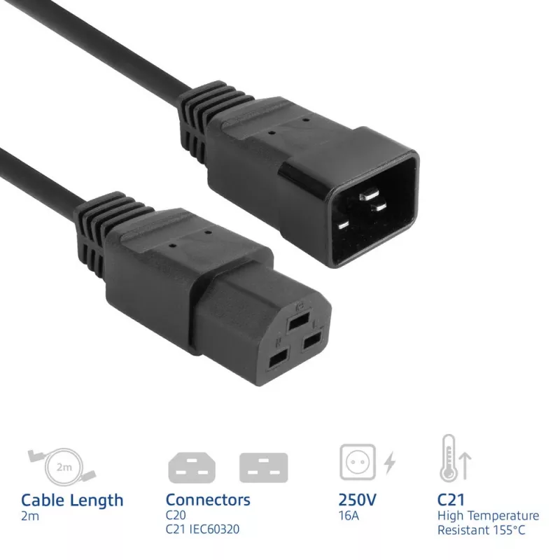 Strāvas kabelis ACT C20–C21 IEC60320 melns 2 m, 250 V 16 A