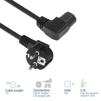 ACT strāvas vads CEE7/7 vītņots (leņķveida) - C15 (leņķveida pa kreisi) IEC60320 melns 1 m