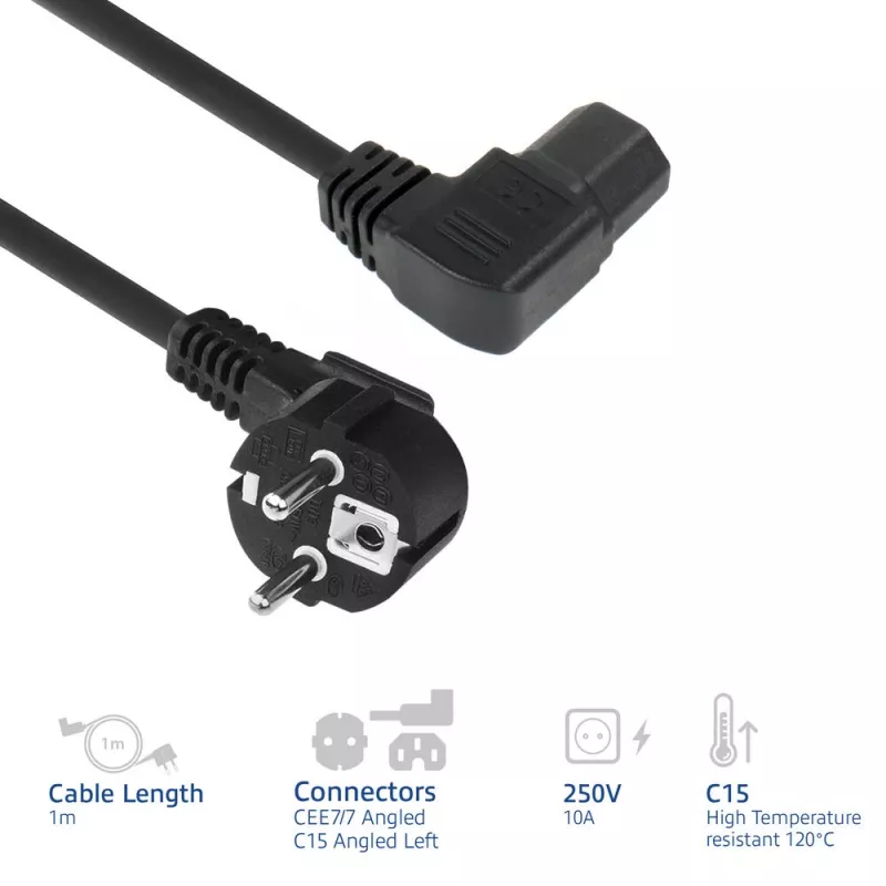 ACT strāvas vads CEE7/7 vītņots (leņķveida) - C15 (leņķveida pa kreisi) IEC60320 melns 1 m