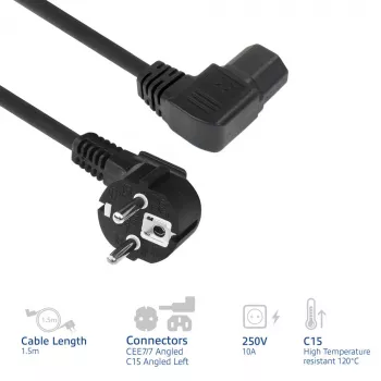 ACT strāvas vads CEE7/7 vīriešu (leņķa) - C15 (leņķa pa kreisi) IEC60320 melns 1.5 m