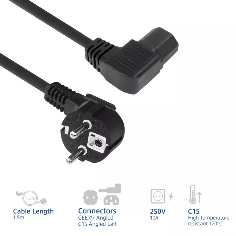 ACT strāvas vads CEE7/7 vīriešu (leņķa) - C15 (leņķa pa kreisi) IEC60320 melns 1.5 m
