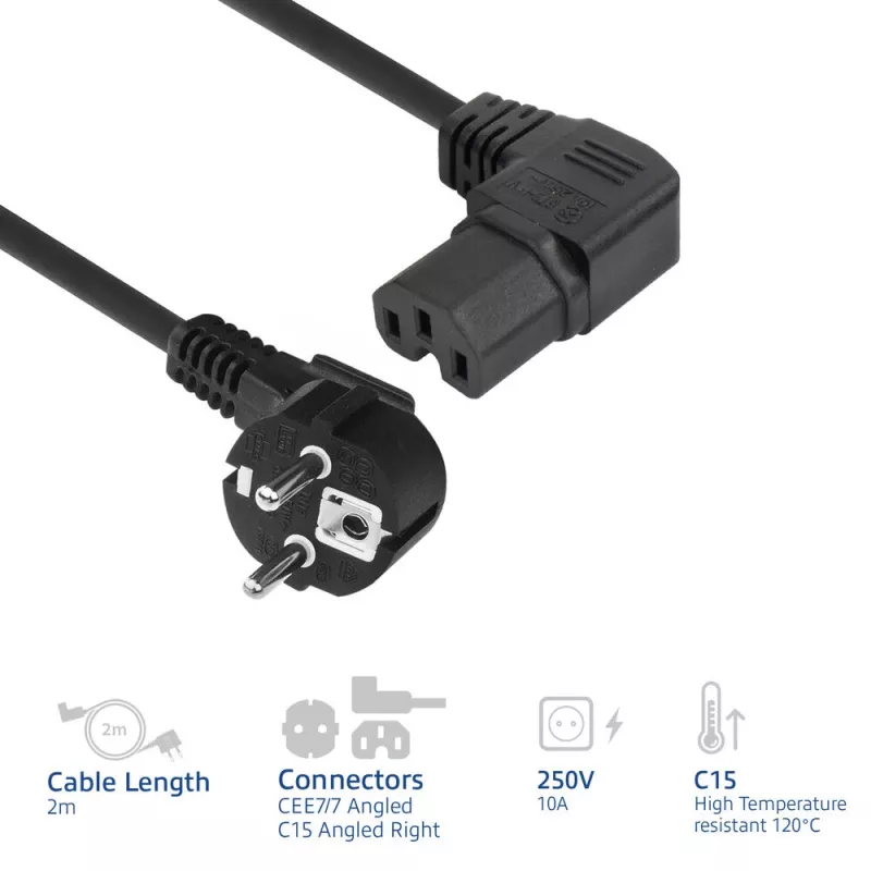 ACT strāvas kabelis CEE 7/7 vītņots (leņķa) - C15 (leņķa pa labi) IEC60320 melns 2 m