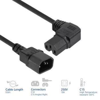 ACT barošanas vads C14 - C15 (leņķa labais) IEC60320 melns 0.6 m