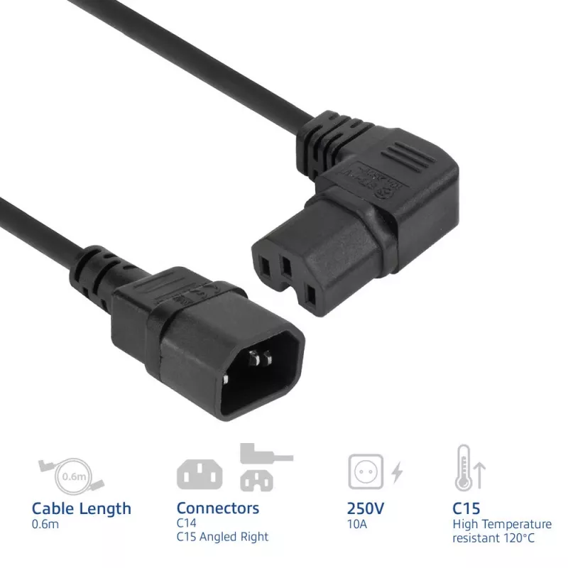 ACT barošanas vads C14 - C15 (leņķa labais) IEC60320 melns 0.6 m