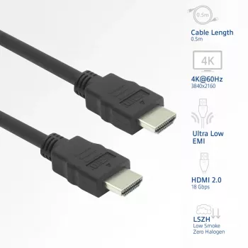 HDMI kabelis ACT AK3872, HDMI Type A tēviņš–tēviņš, 1,5 m, HDMI 2.0, 18 Gbit/s, ARC, apzeltīti kontakti, melns