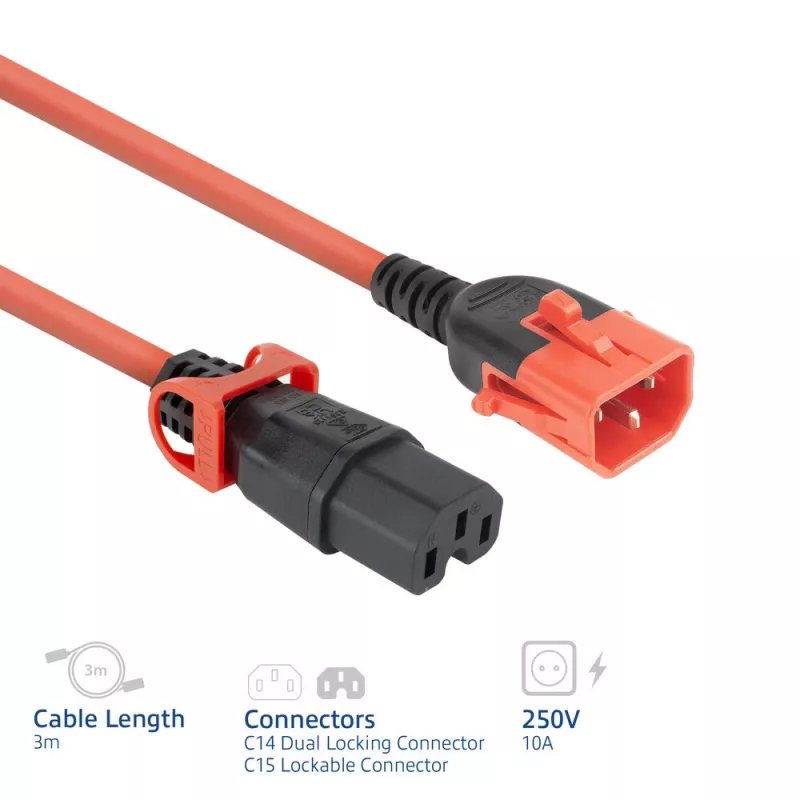 Strāvas vads ACT C14 IEC Lock+ Dual Locking uz C15 IEC Lock+ sarkans, 3 m, 250V 10A