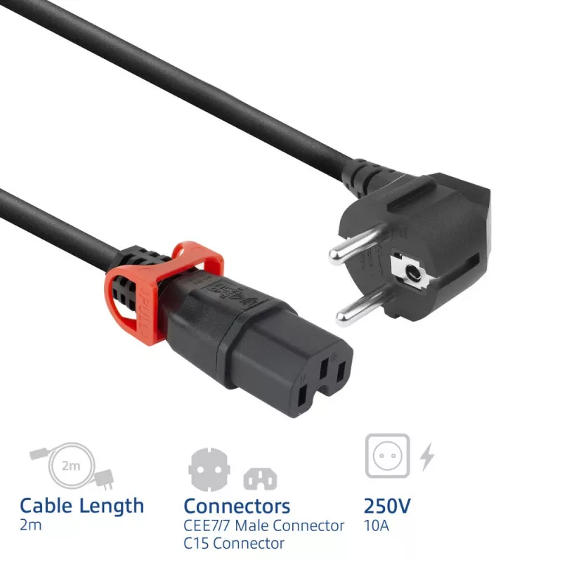 ACT barošanas vads CEE 7/7 (leņķveida) - C15 IEC Lock+ melns 2 m, EL604S